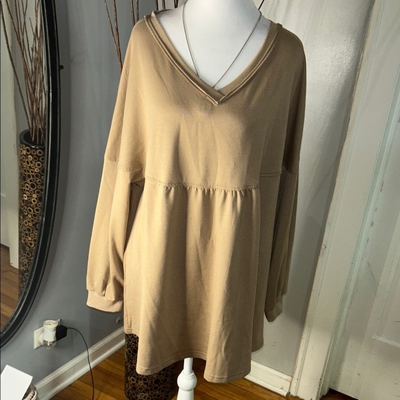 Tan Oversized V-Neck Tunic Top - Picture 1 of 1